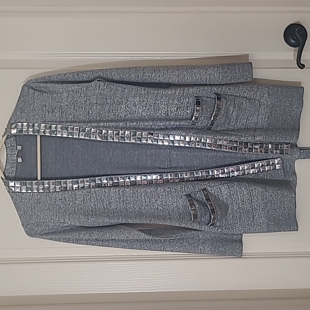 CACHE Shimmering Gray Cardigan with Metallic Accents Size M - Picture 9 of 13